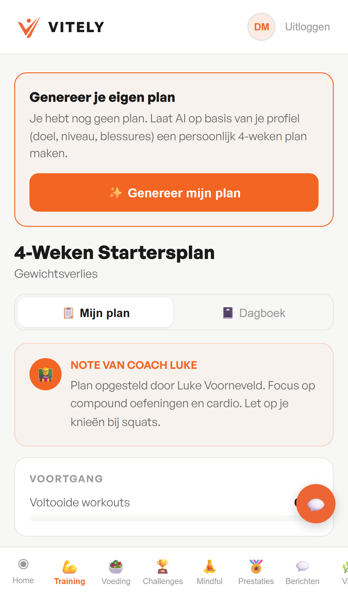Persoonlijk trainingsplan in de Vitely-app